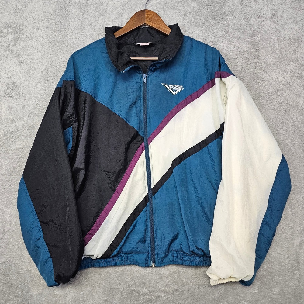 Pony Vintage Mens Large Colorblock Windbreaker Teal White Purple Full Zip Jacket